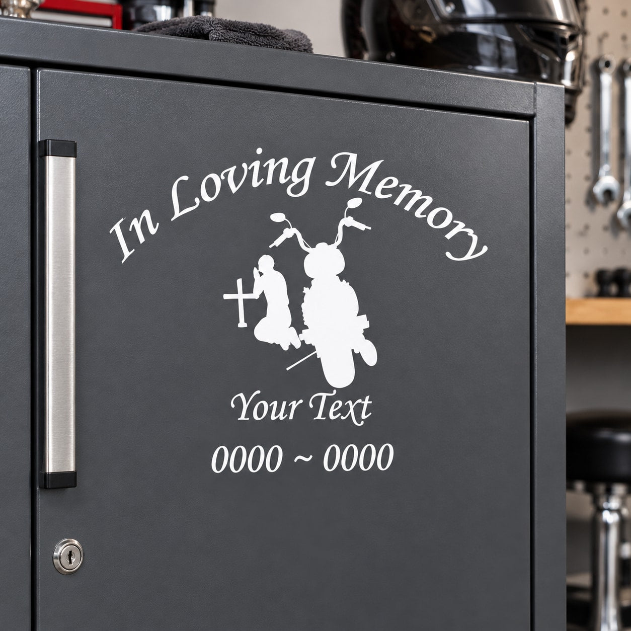 Praying motorcycle rider memorial decal with “In Loving Memory” and custom text placeholders