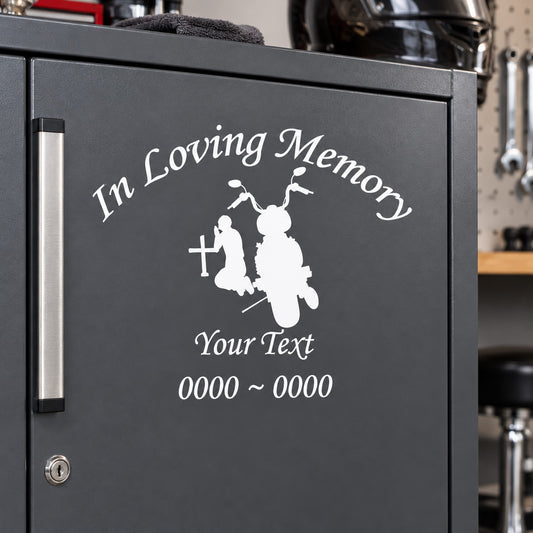 Praying motorcycle rider memorial decal with “In Loving Memory” and custom text placeholders