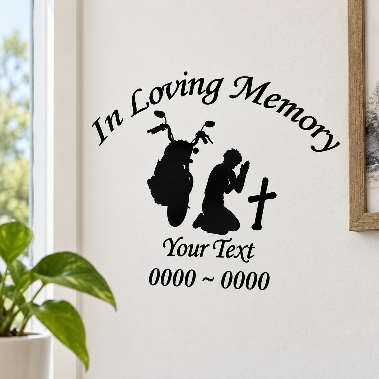 Motorcycle memorial decal with 'In Loving Memory', rider silhouette, cross, and 'Your Text'