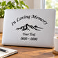 In loving memory decal with mountain graphic, custom text, and date range on white
