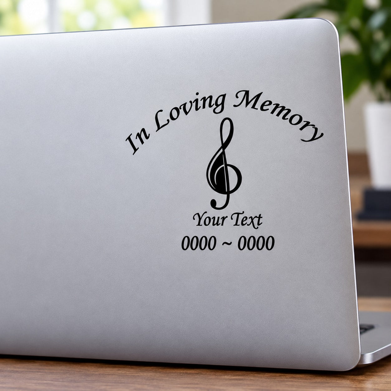 In loving memory music note decal with 'Your Text' and date placeholders