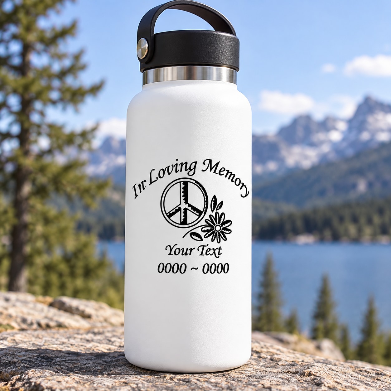 Memorial water bottle decal with peace sign, flower, In Loving Memory text