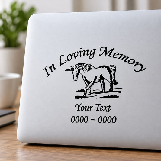 Black memorial unicorn decal: 'In Loving Memory', 'Your Text', 0000~0000