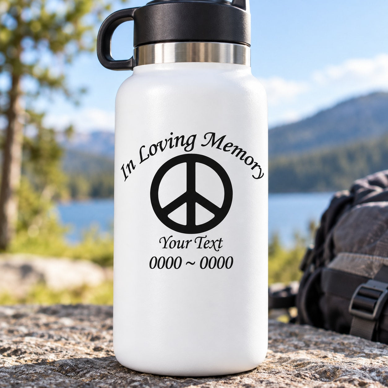 Peace sign in loving memory decal with custom text on a black circle