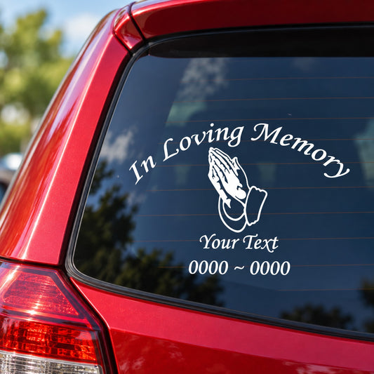 Praying hands car window decal: In Loving Memory and custom text