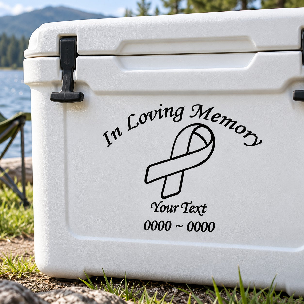 Memorial decal: outlined ribbon with 'In Loving Memory', 'Your Text' and '0000~0000'
