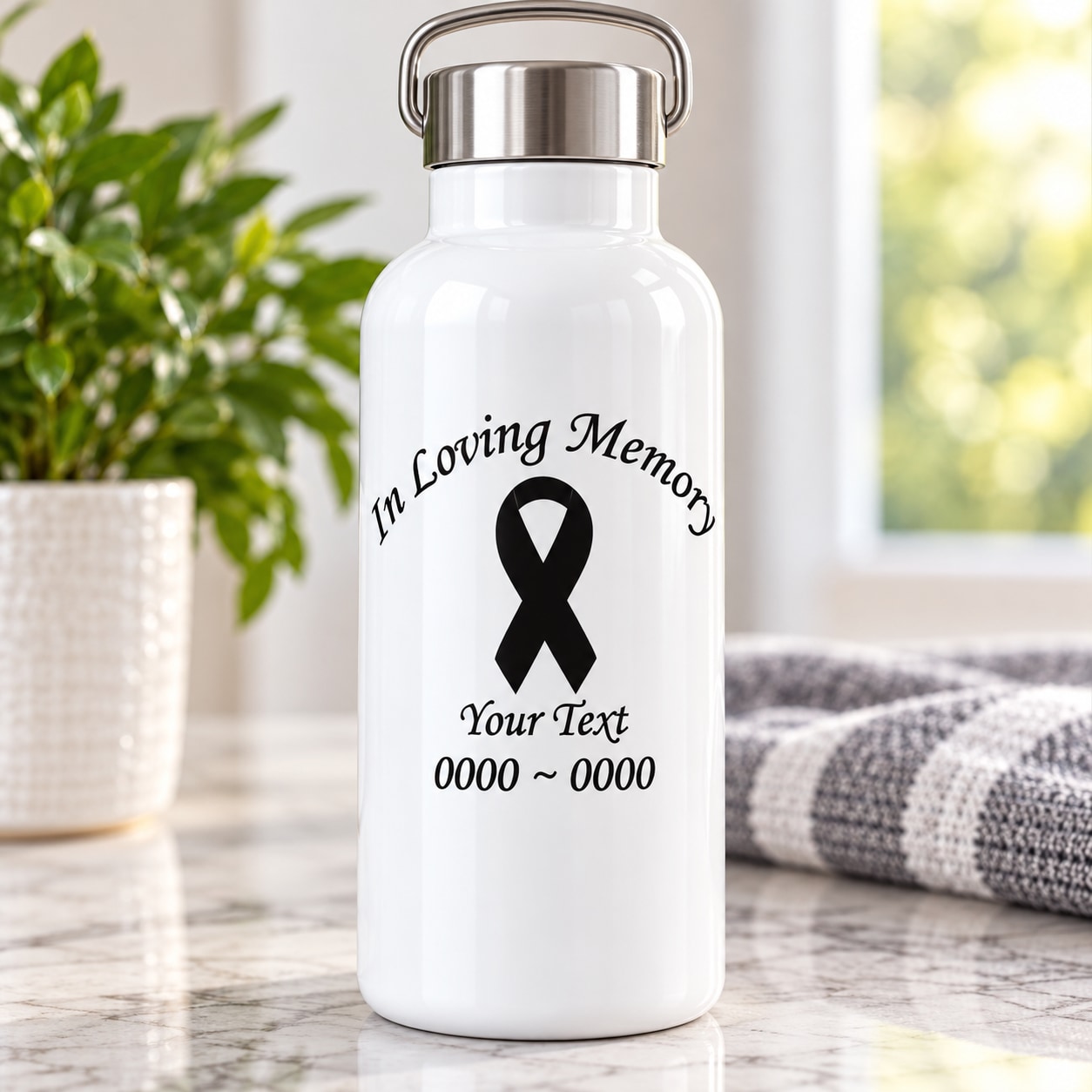 White bottle with black awareness ribbon decal and customizable memorial text