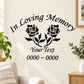 Memorial wall decal with “In Loving Memory” text, two roses, leaves, and “Your Text”