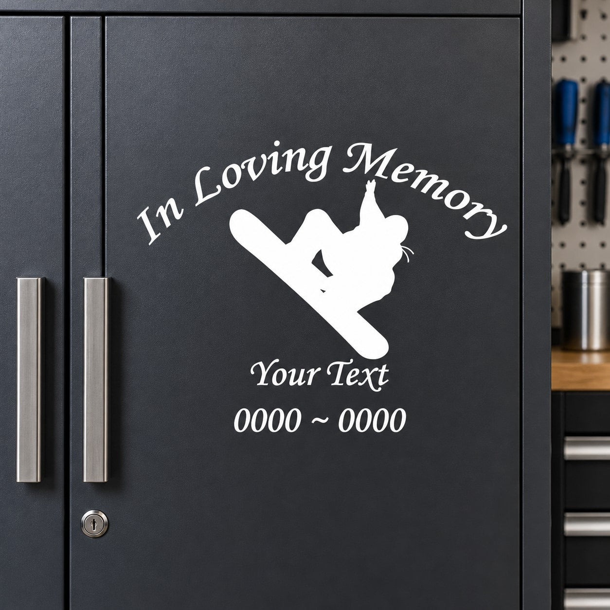 Custom memorial snowboard rider decal: white 'In Loving Memory' text and rider silhouette