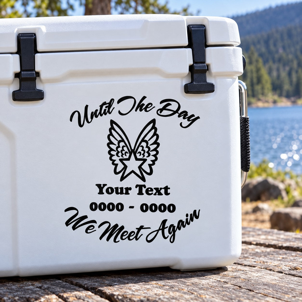 Winged star memorial decal with “Until The Day We Meet Again” and custom text