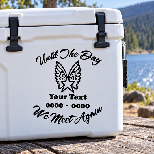 Winged star memorial decal with “Until The Day We Meet Again” and custom text