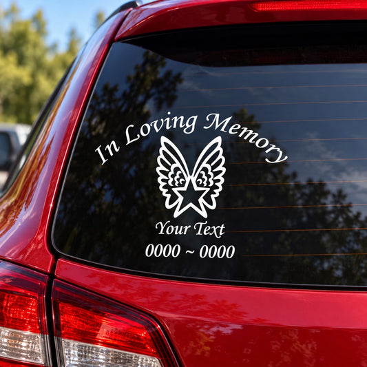Car rear window memorial decal with white script text and winged star icon