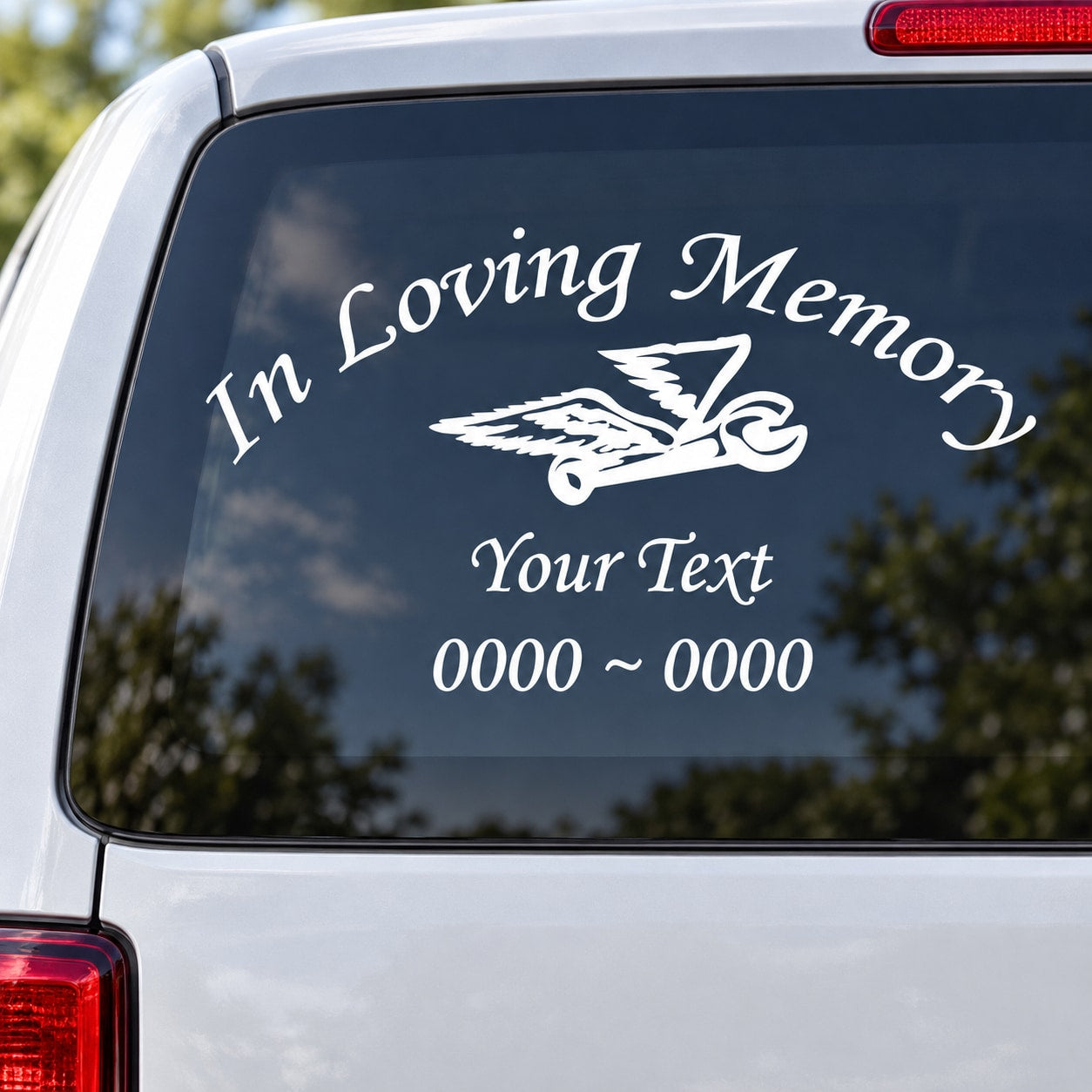 Car window memorial decal: 'In Loving Memory' with angel wings and customizable text