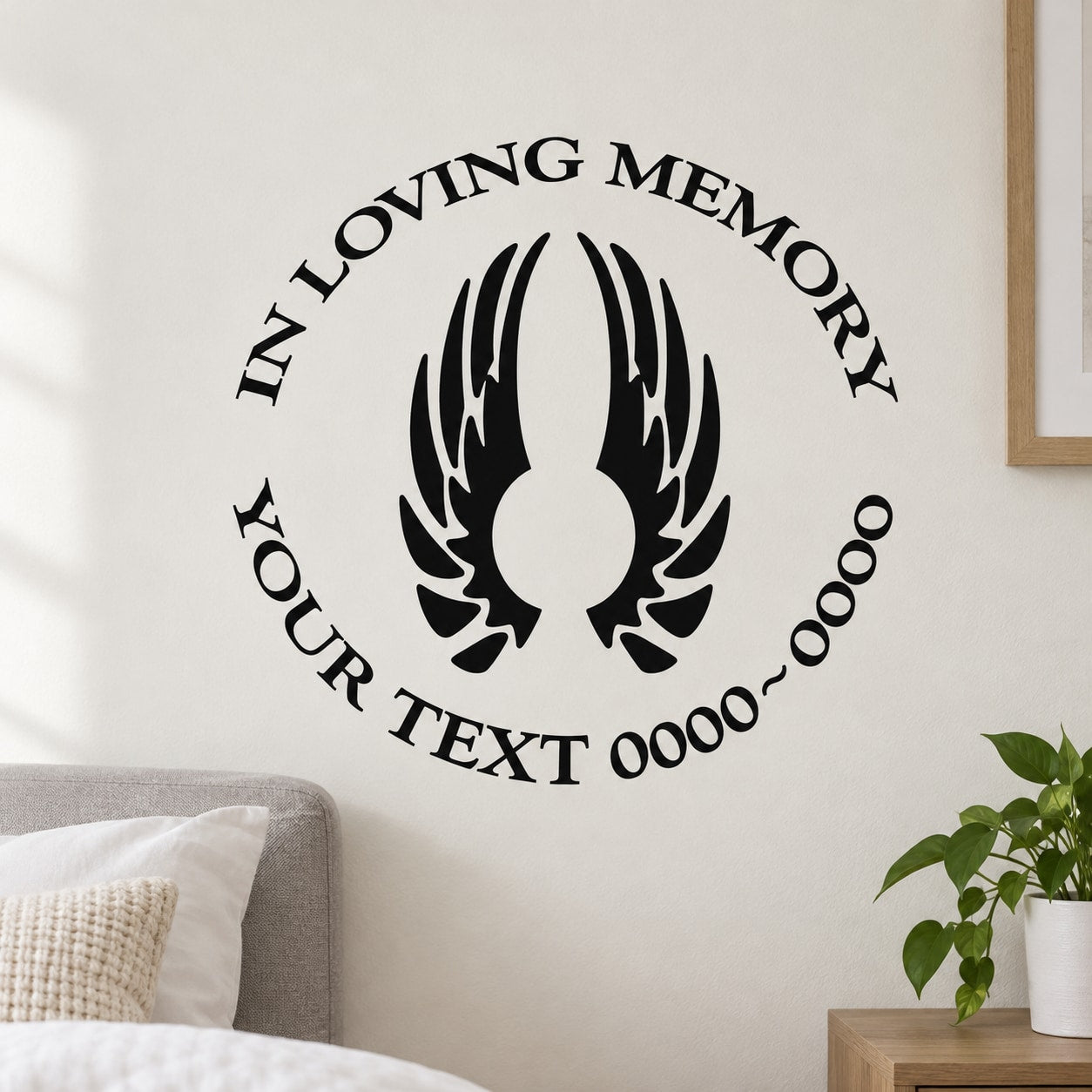Memorial wall decal with angel wings and circular 'IN LOVING MEMORY' text