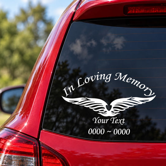 In Loving Memory angel wings car decal with custom text and number placeholders