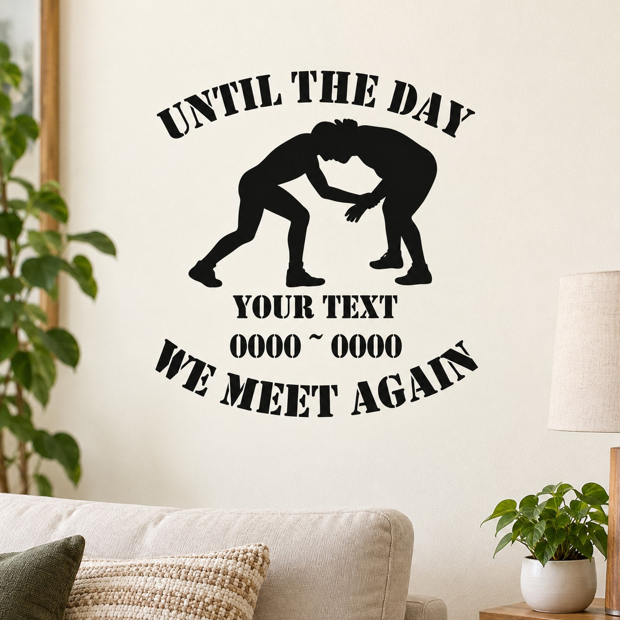 Black wrestling memorial wall decal with grappling silhouettes and WE MEET AGAIN text