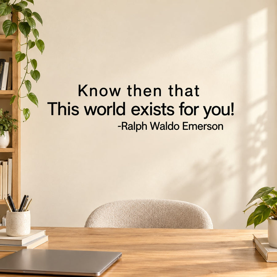 Inspirational wall decal quote text: Know then that this world exists for you!