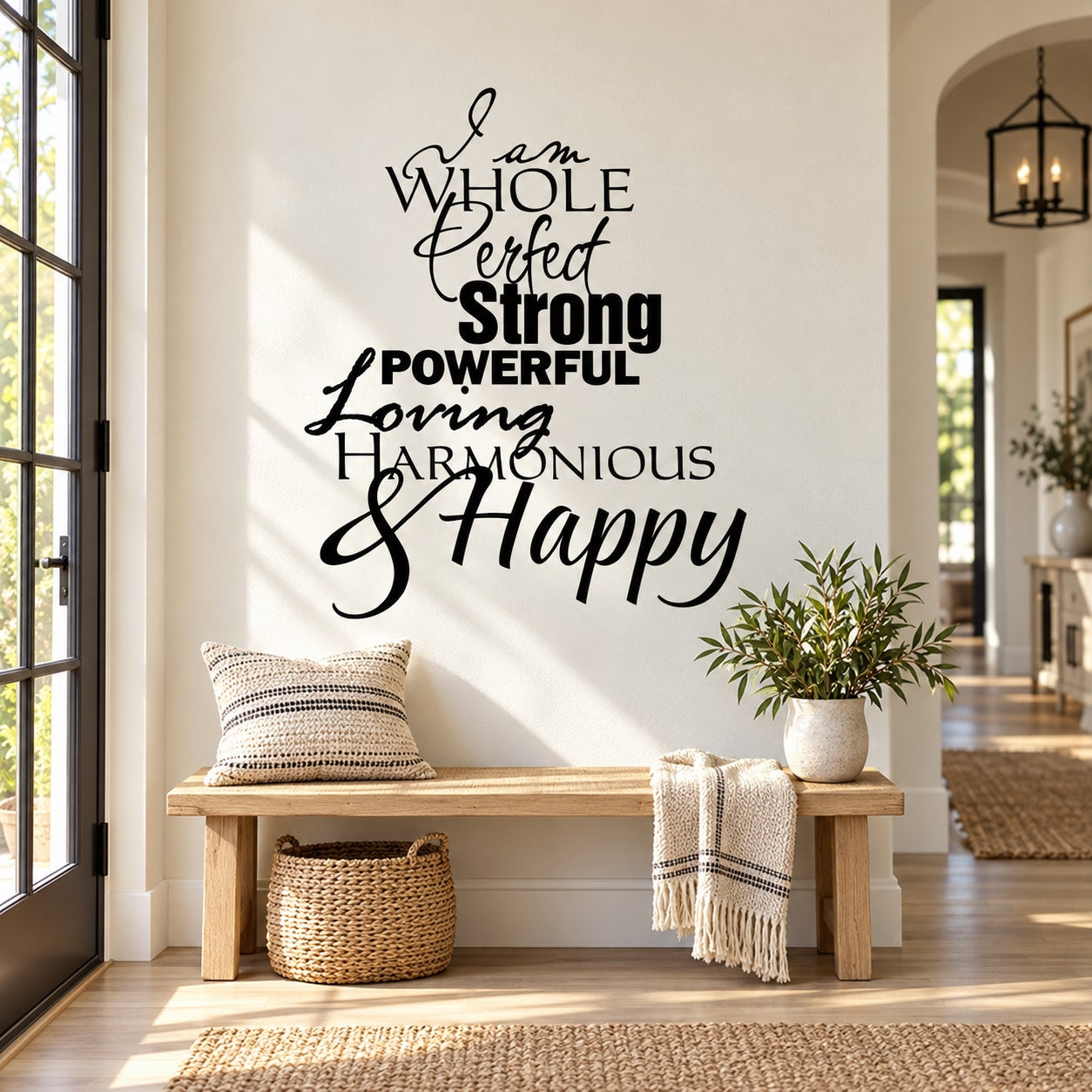 Black script inspirational wall decal: Whole Perfect Strong Powerful Loving Harmonious & Happy
