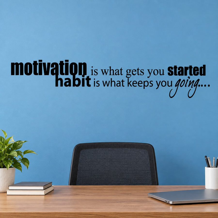 Motivational wall decal with 'motivation' and 'habit' quote, black lettering
