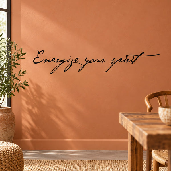 Wall decal with “Energize your spirit” script lettering