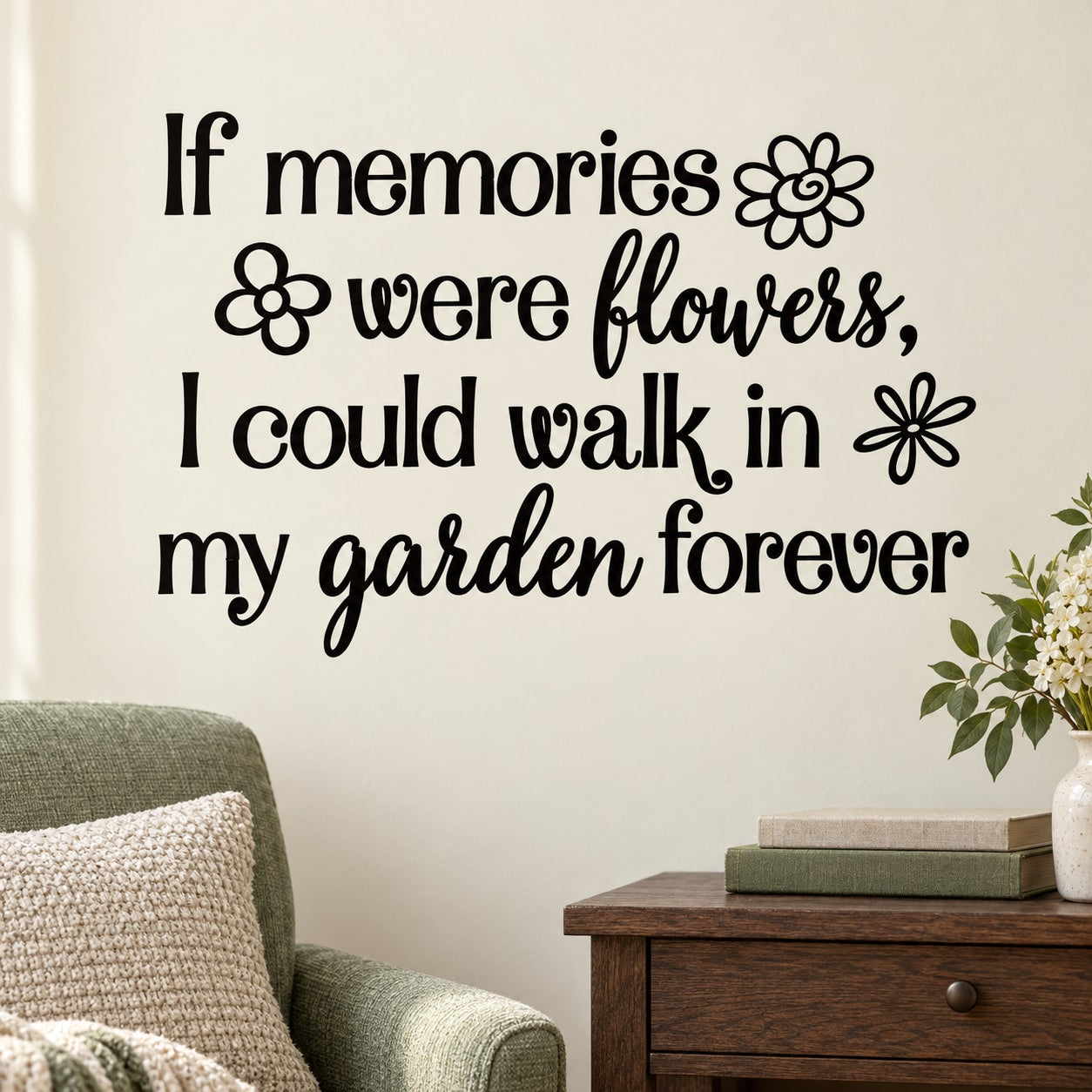 Inspirational wall decal with script text and small flower icons