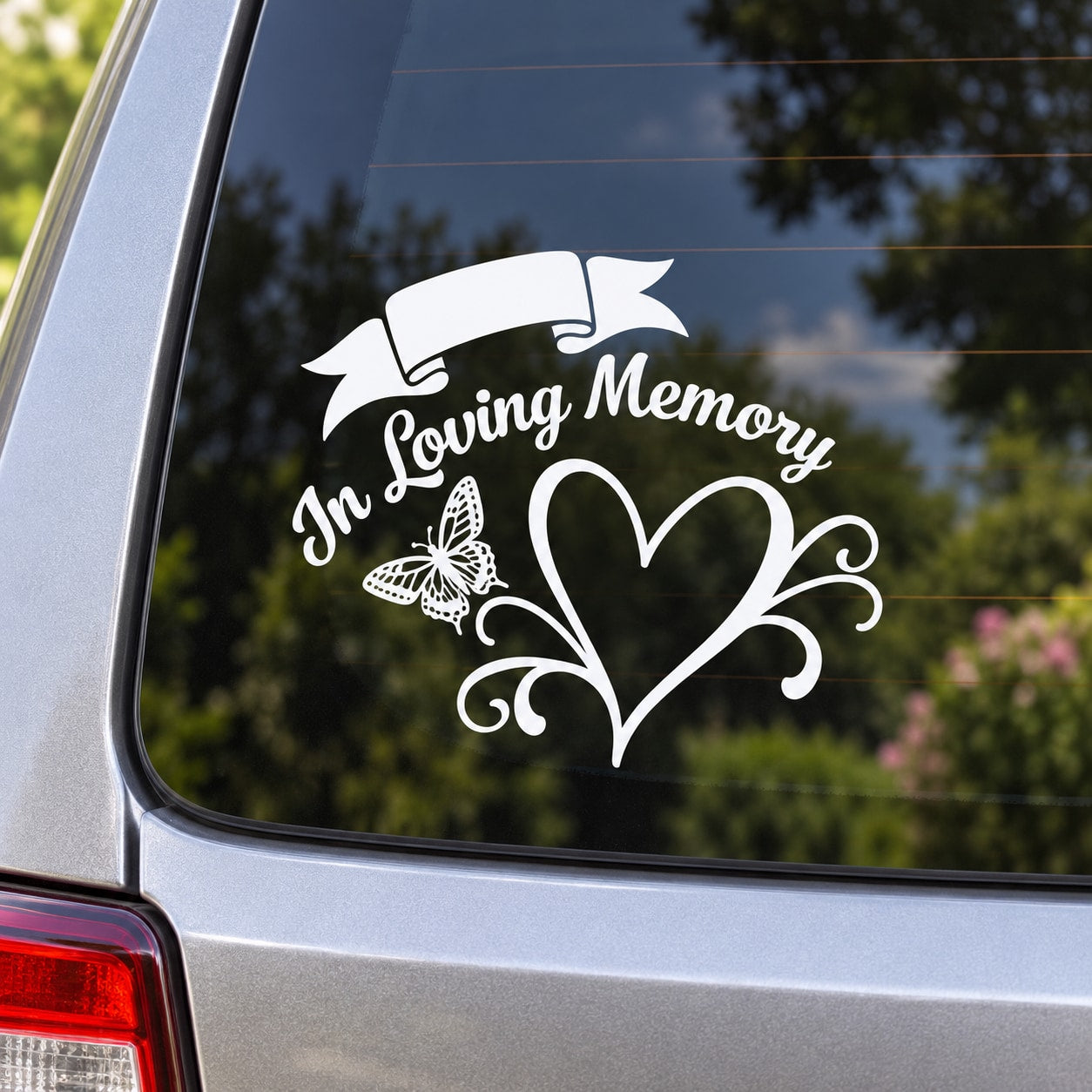 Memorial car window decal with butterfly and heart, In Loving Memory text