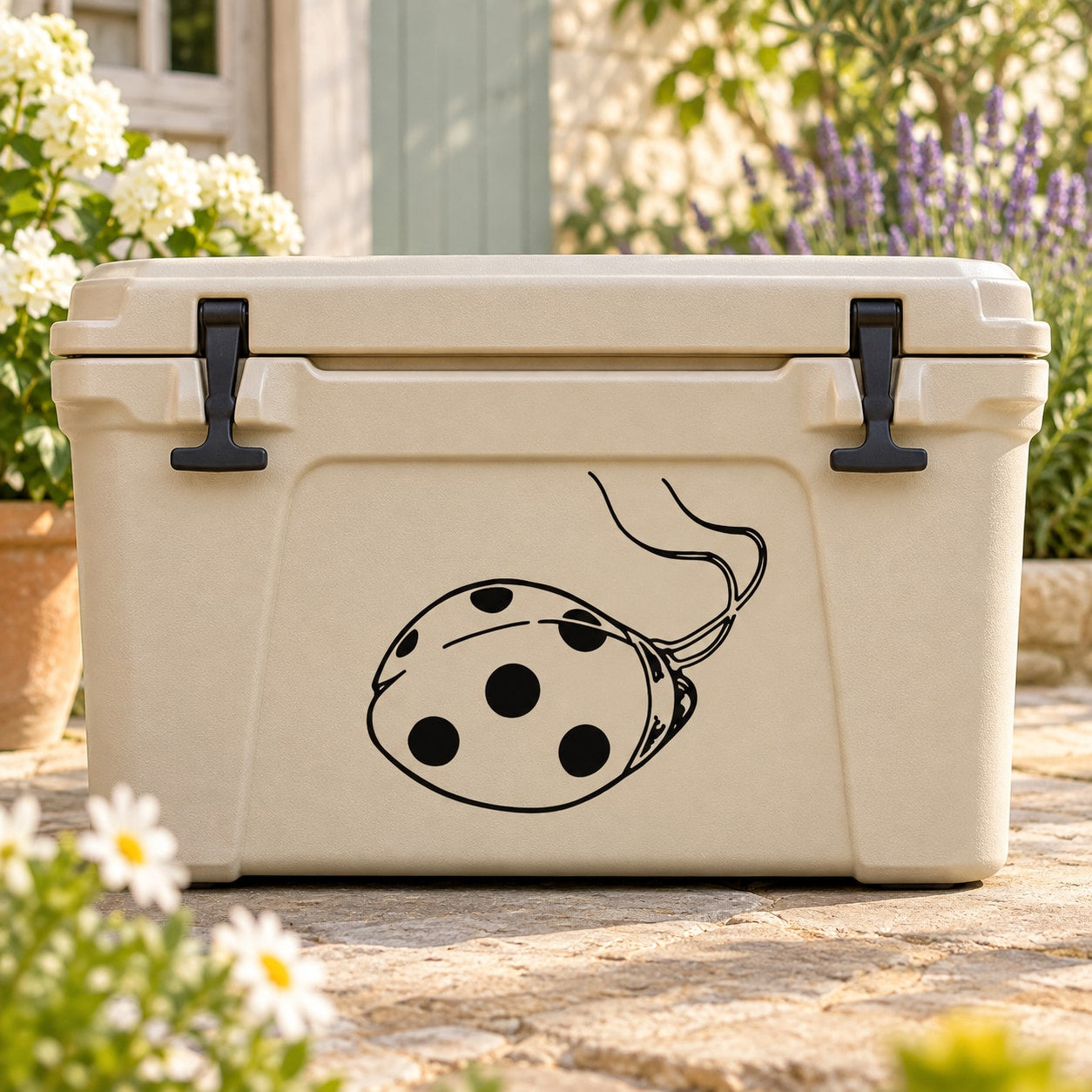 Ladybug decal sticker with cartoon bug face on light container