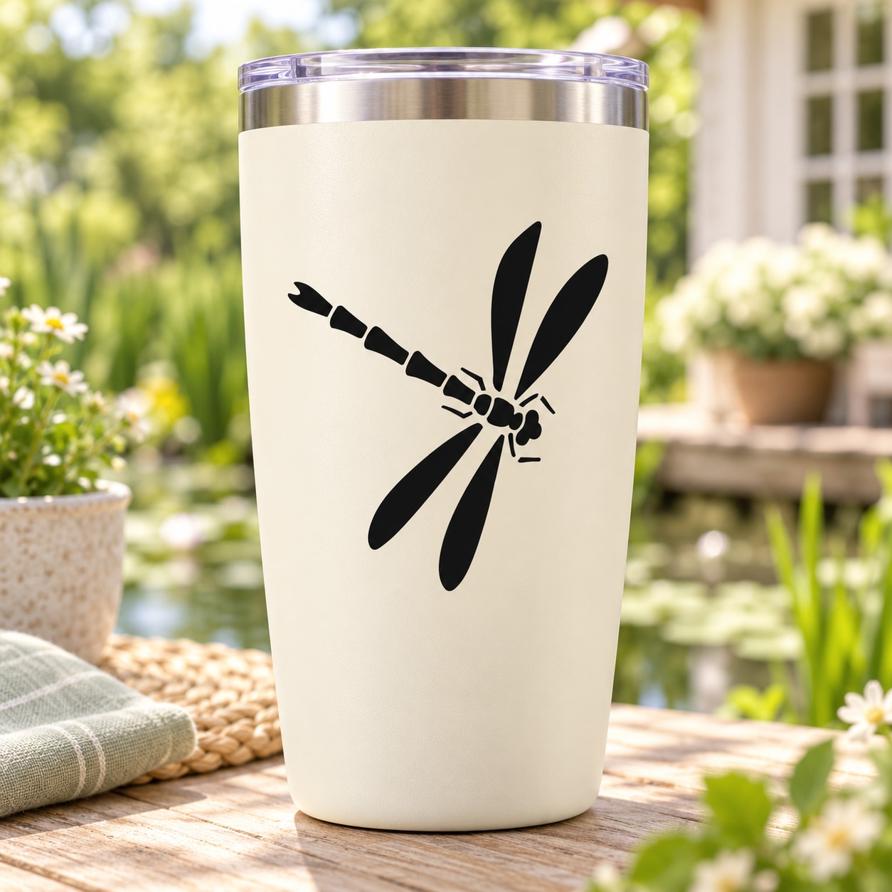White tumbler with black flying dragonfly decal