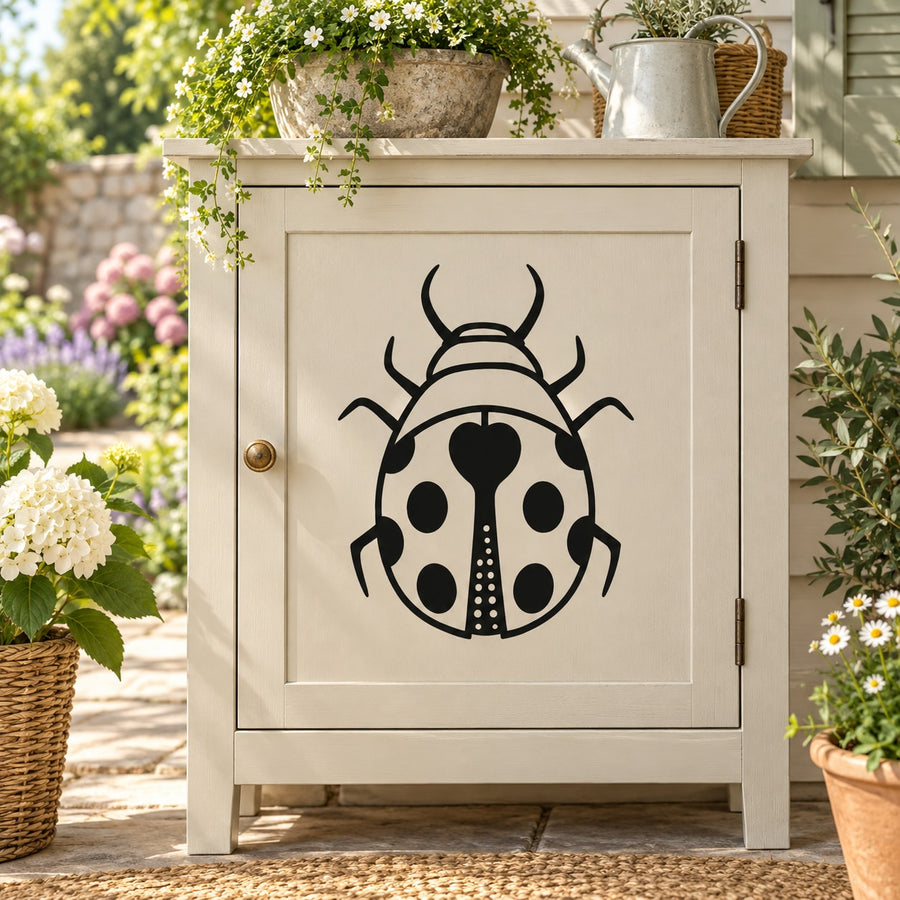 Keyhole ladybug decal with black and white dotted design on door panel