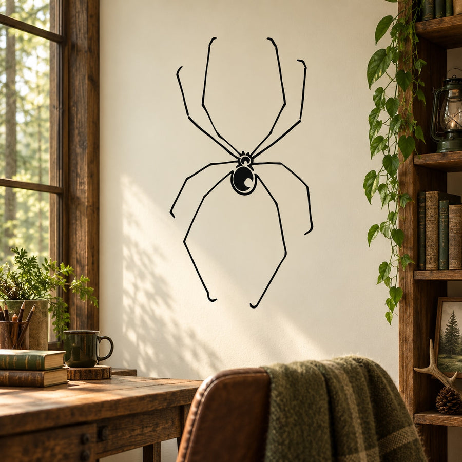 Black thin-legged spider wall decal with detailed abdomen and curved legs