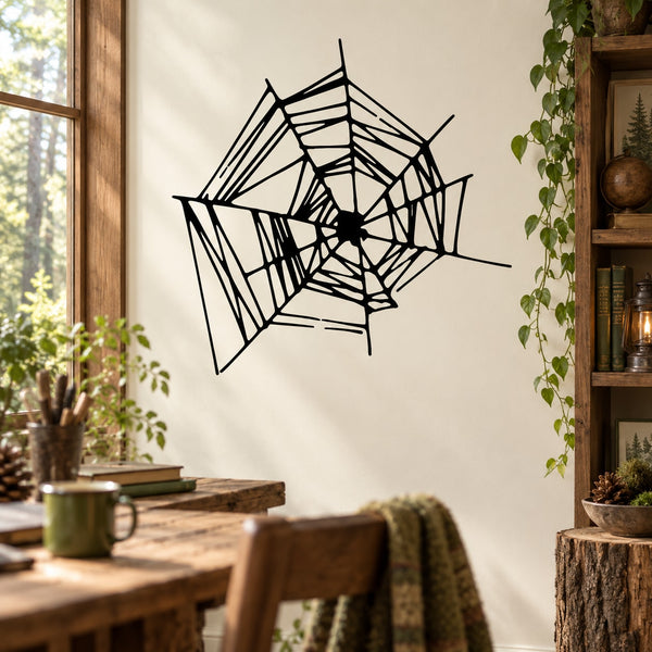 Black spider web wall decal with stylized web and spider center