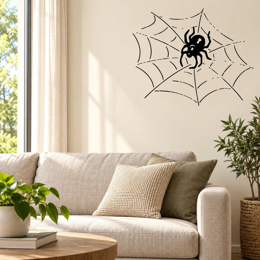Wall decal of a black spider sitting in a web, minimalist line art