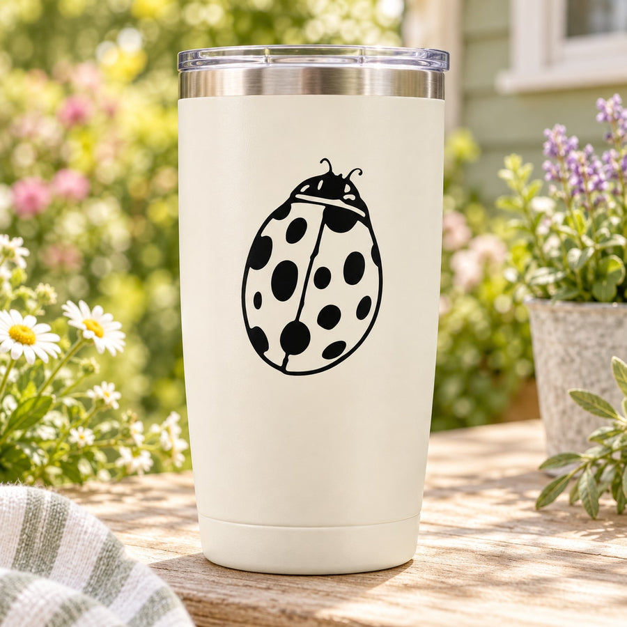 Black ladybug decal sticker on white tumbler cup