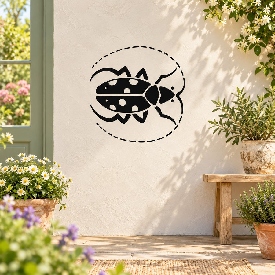 Black dotted ladybug antenna wall decal inside dashed circle