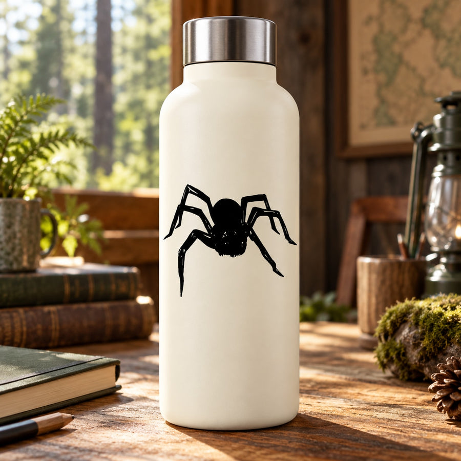 Black spider decal showing a large approaching spider on a white bottle