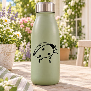 Mint green water bottle with black ladybug decal and stainless lid