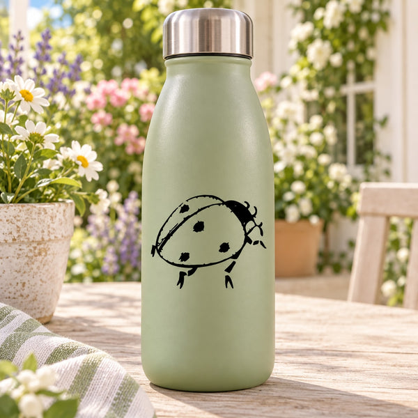 Mint green water bottle with black ladybug decal and stainless lid
