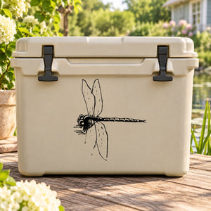 Black line-art dragonfly decal with drifting wings