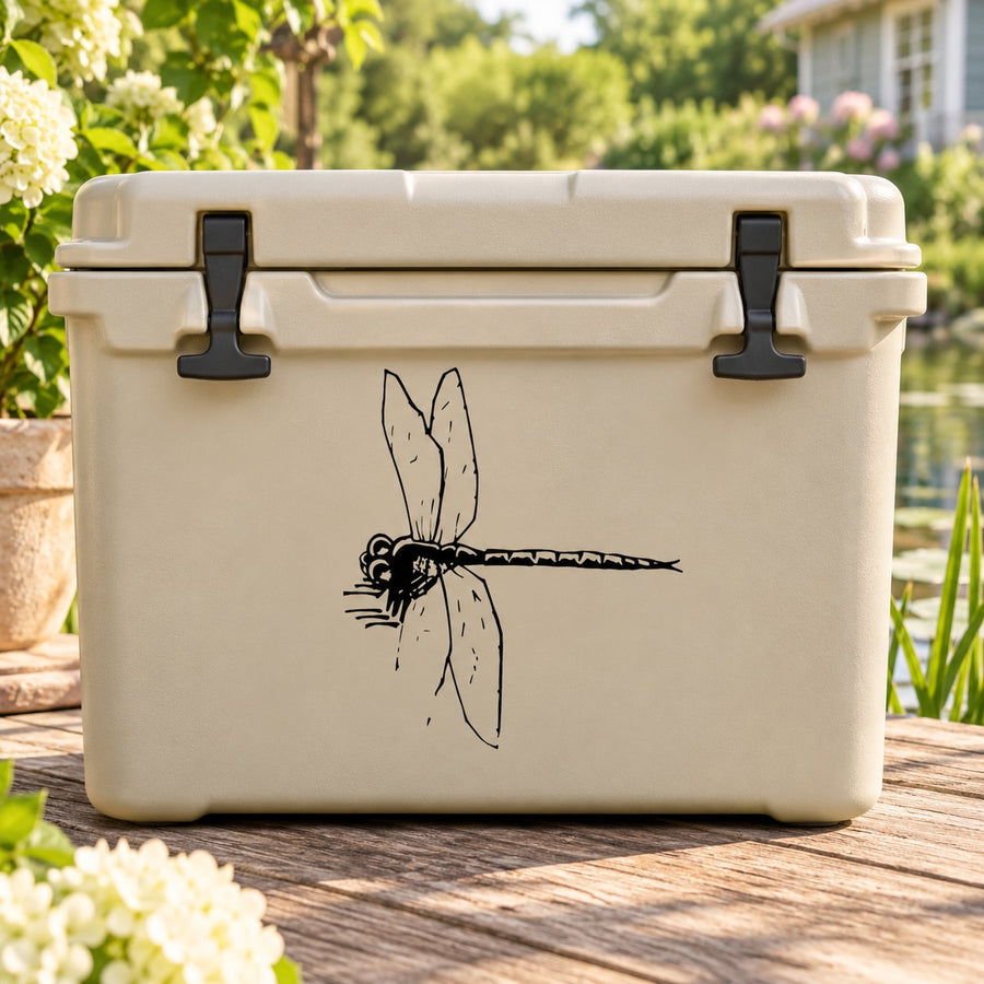 Black line-art dragonfly decal with drifting wings