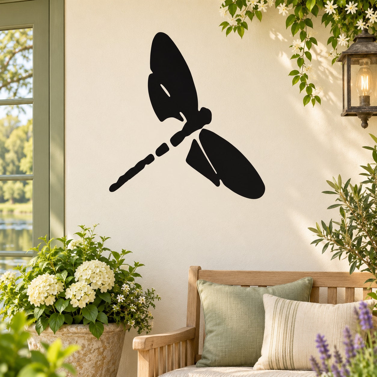 Black dragonfly wall decal with solid wings silhouette, adhesive sticker