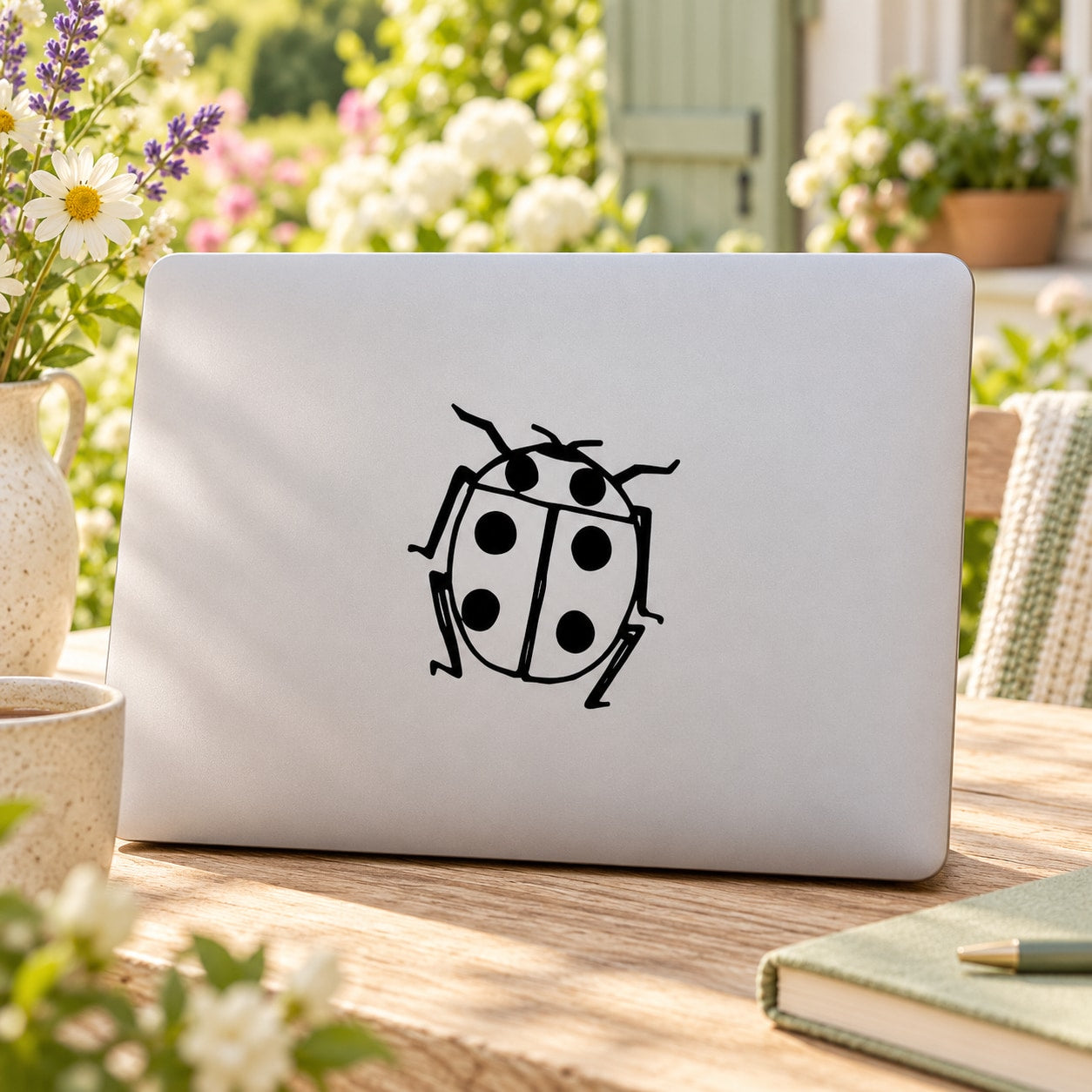 Ladybug decal with black cartoon ladybug on white rectangular background