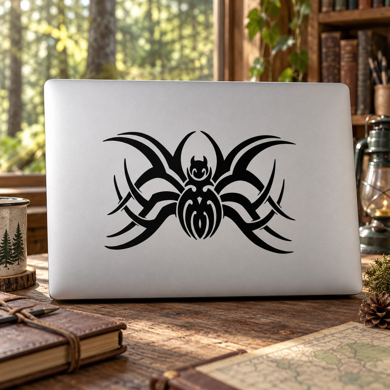 Tribal tarantula decal featuring black spider tribal artwork on light background