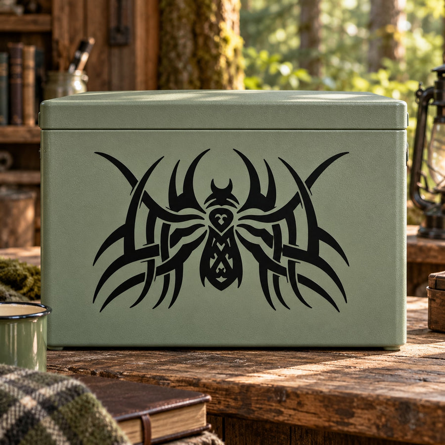 Black long-leg spider decal with detailed web design