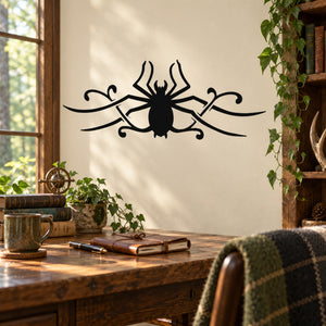 Black gothic floral swirl spider wall decal with arched web and curls
