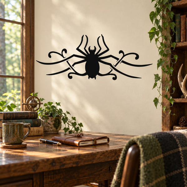 Black gothic floral swirl spider wall decal with arched web and curls