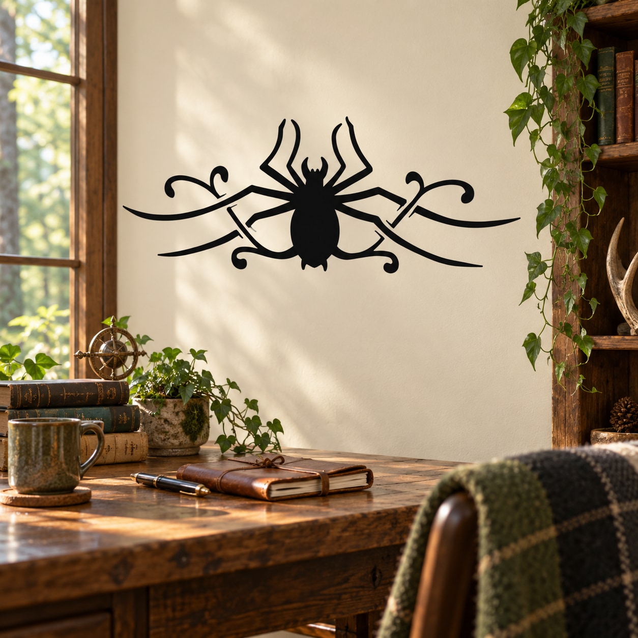 Black gothic floral swirl spider wall decal with arched web and curls