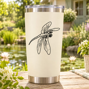 Dragonfly line-art decal on white tumbler with silver rim