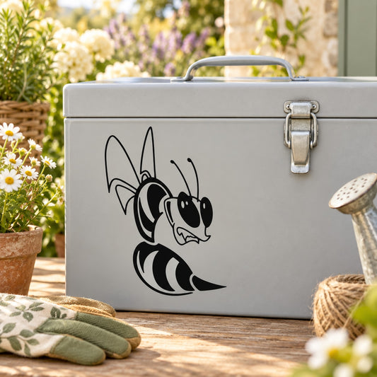 Cartoon angry hornet decal in black and white on light gray background