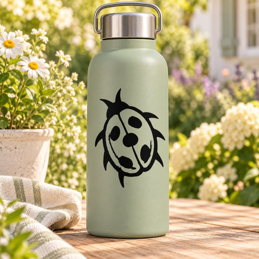 Cartoon puppy face decal in black and white on a light green tumbler bottle