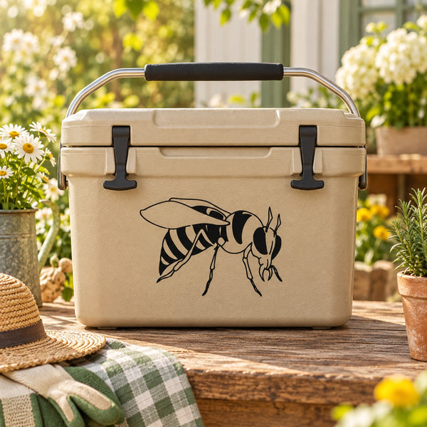 Hornet graphic decal on beige cooler lid with black handle straps